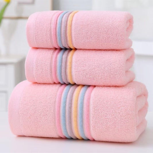 ABREEZE Pink Solid Towels Set of Three Colorful Lines Pattern Bath Towel Lightweight Soft Absorbent Towel Set Gift for Mother of Father