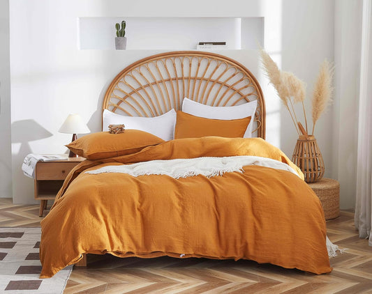 100% French Flax Linen Duvet Cover Set, King Size 104''x90'' 3 Pcs with 8 Corner Ties and Button Closure, Soft and Breathable for All Season(Rust, King)
